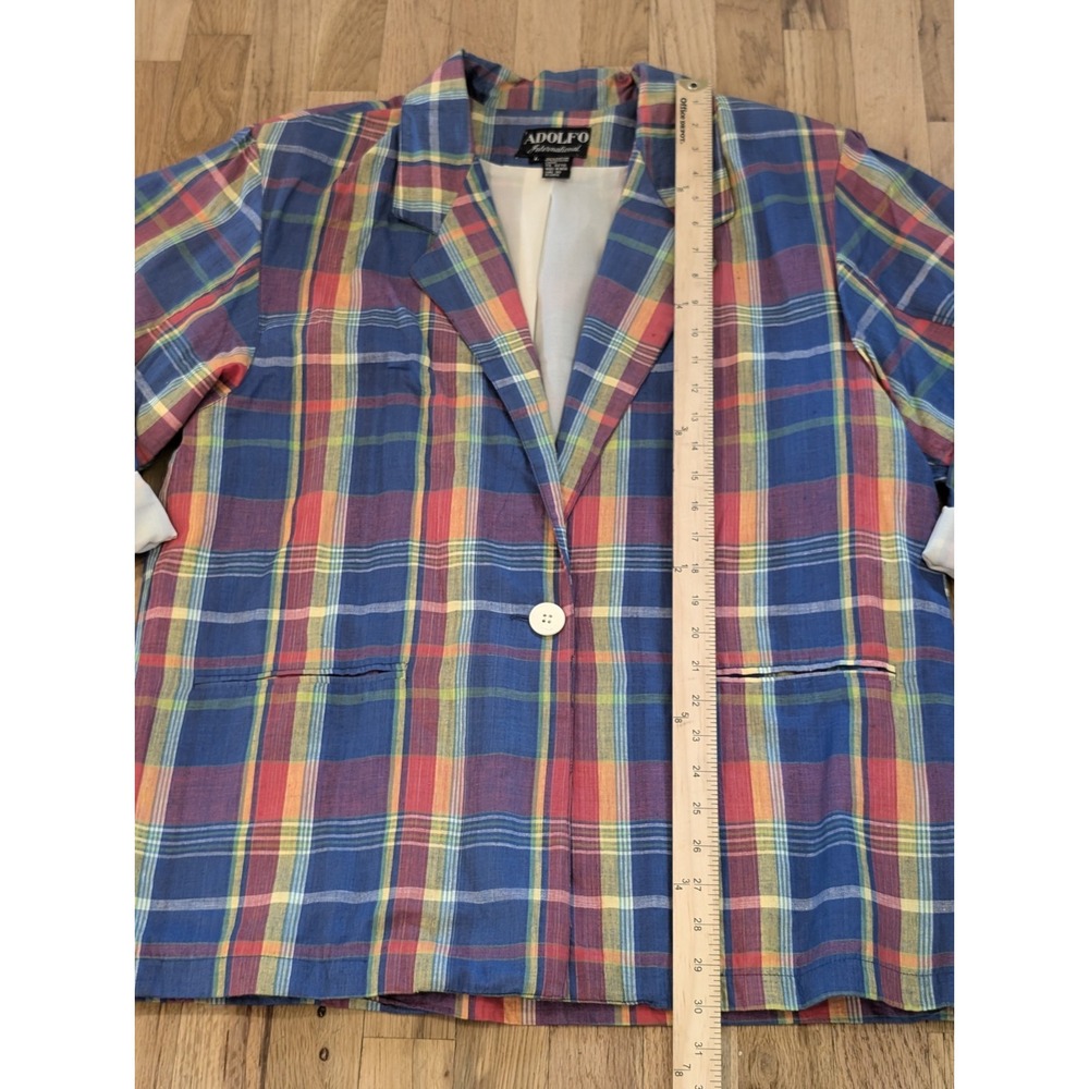 Adolfo Blazer Womens Large Plaid Preppy Oversized Blue Yellow Work Office - Picture 3 of 10